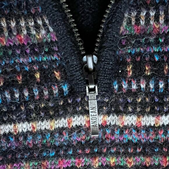 Andean Black Multicolor Fair Isle Stripe Quarter Zip Baby Alpaca Blend - Large - Picture 2 of 9
